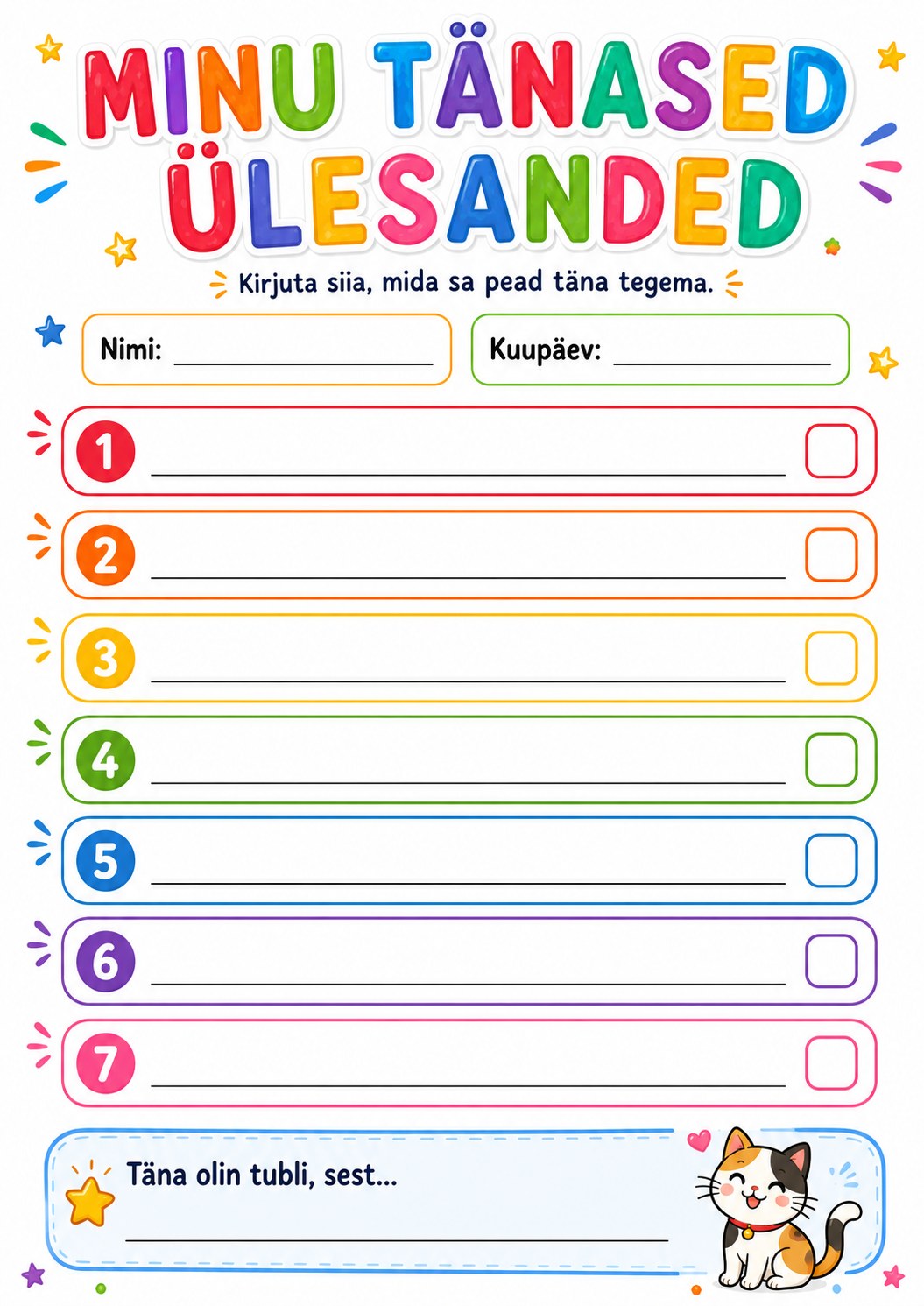 Minu tänased ülesanded tööleht